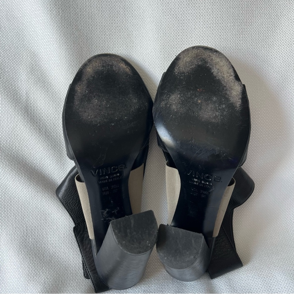 VINCE Black Leather Peep Toe Heels Booties Chunky Heel Shoe Size 7.5 - Picture 7 of 10